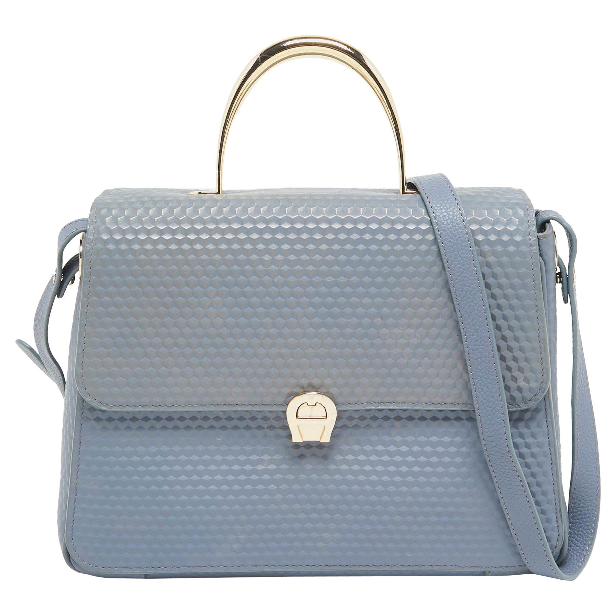 Aigner Blue Embossed Leather Genoveva M Top Handle Bag