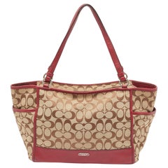 Coach Beige/Burgundy Signature Canvas and Leather Carrie Tote