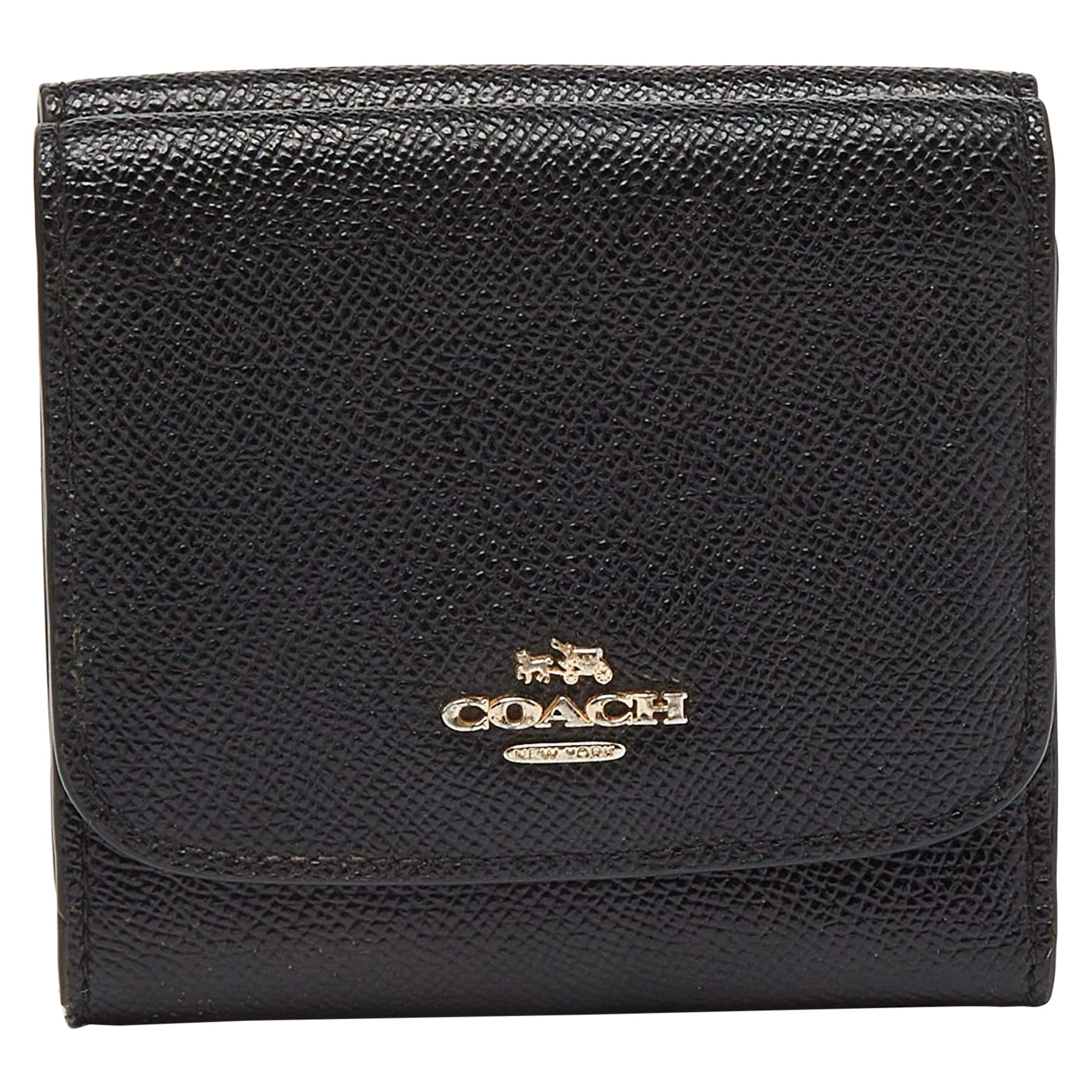 Coach Black Leather Trifold Compact Wallet For Sale