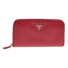 Prada Red Saffiano Leather Zip Around Wallet