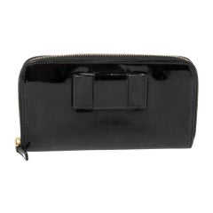 Miu Miu Black Patent Leather Bow Zip Around Wallet