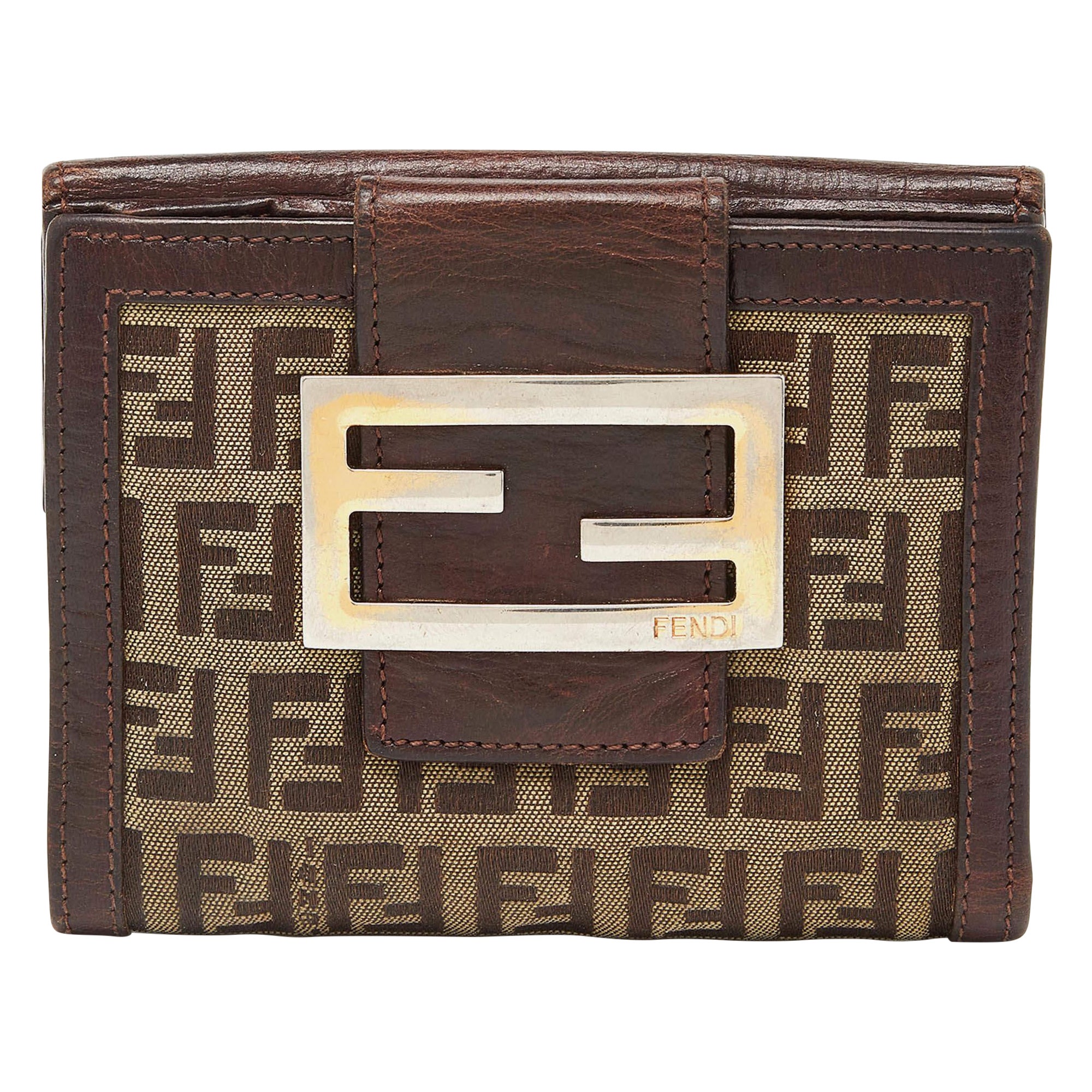 Fendi Beige/Brown Zuchino Canvas and Leather Forever Flap Wallet For Sale
