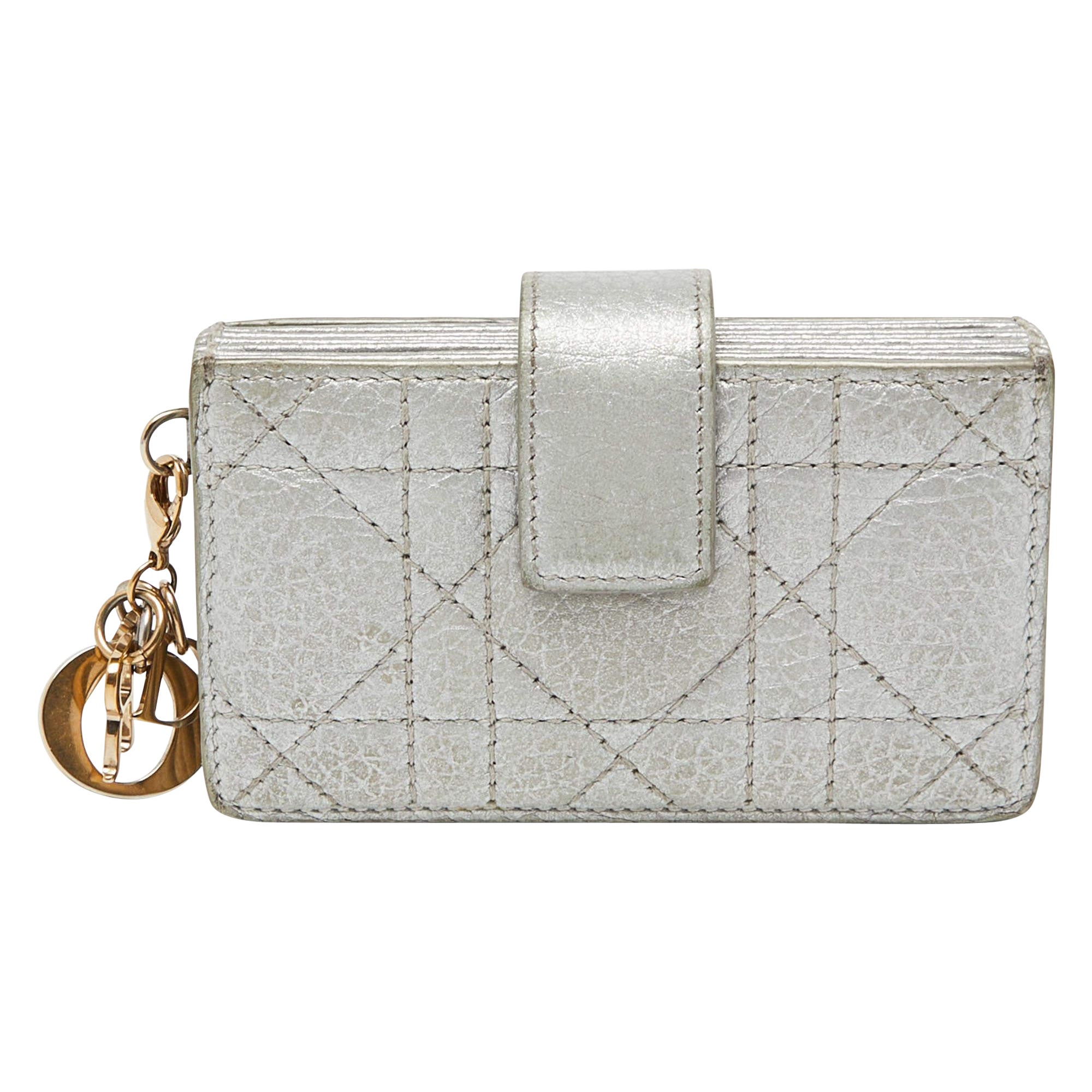 Dior Metallic Grey Cannage Leather 5 Gusset Card Holder at 1stDibs