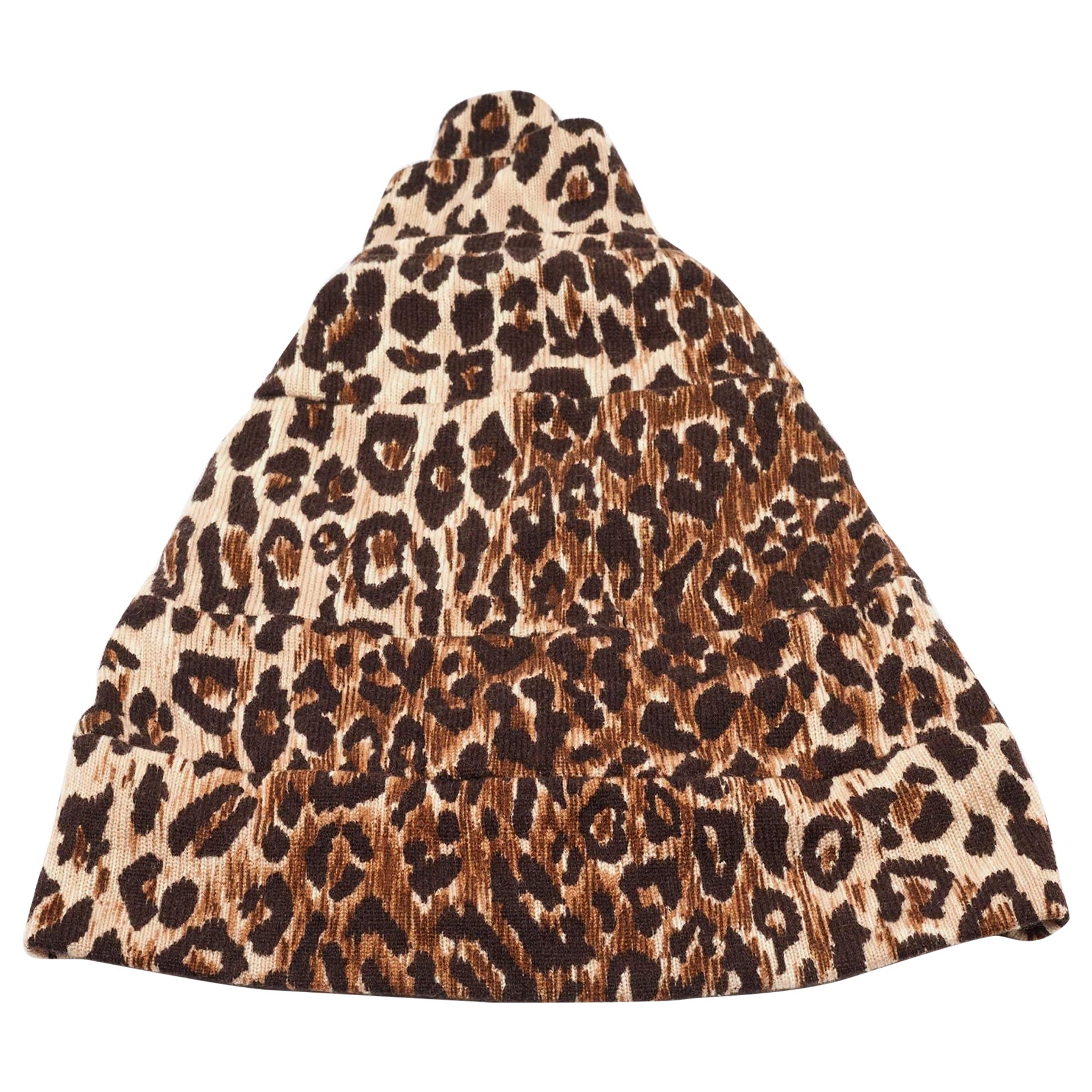 Dolce & Gabbana Brown Leopard Pattern Cashmere Tiered Beanie Hat Size 57