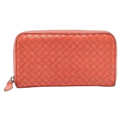 Bottega Veneta Coral Red Intrecciato Leather Zip Around Wallet