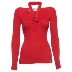 The Attico Red Ribbed Kit Cutout Knotted Top S