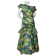 Antique 1980s Arnold Scaasi Ruched Silk Organza Summer Floral Print Evening Gown
