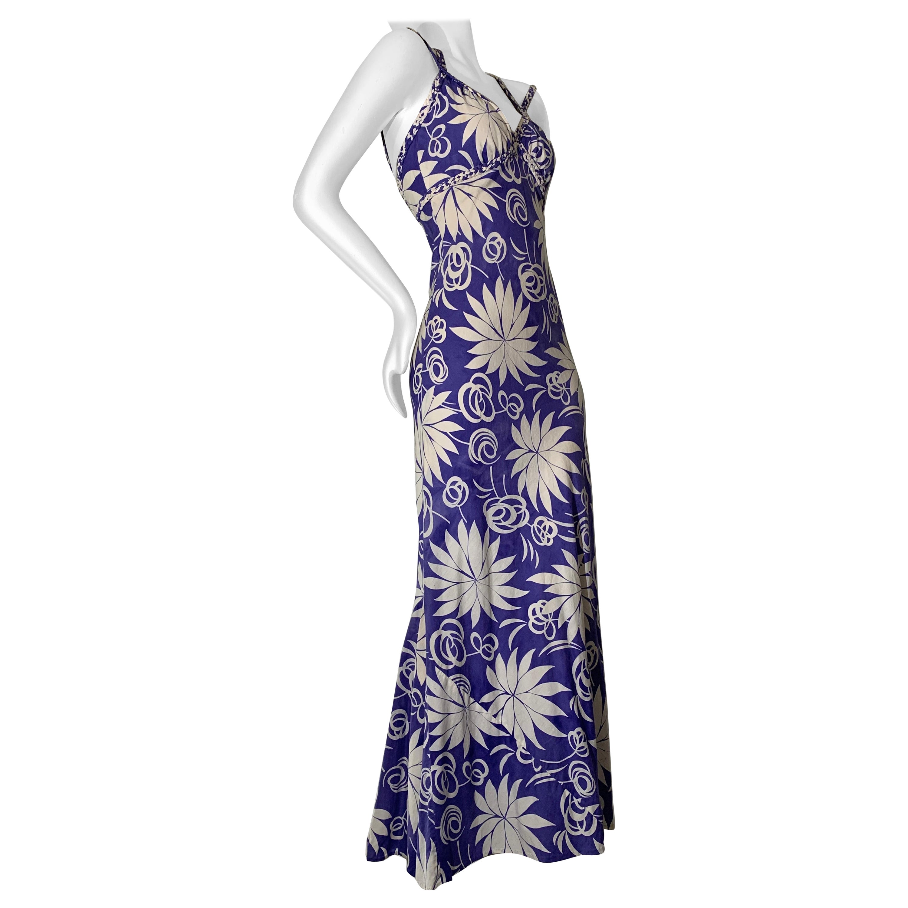 1930s Handkerchief Cotton Summer Floral Print Bias-Cut Gown w Braid Straps For Sale