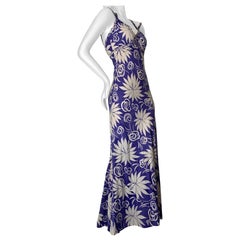 1930s Handkerchief Cotton Summer Floral Print Bias-Cut Gown w Braid Straps
