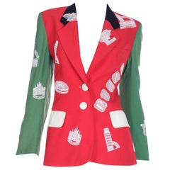 1991 Moschino Couture Made In Italy Red & Green Jacket w Lace Appliques of Italy