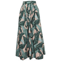 Weekend Max Mara Green Leaf Printed Cotton Pleated Eguale Midi Skirt S
