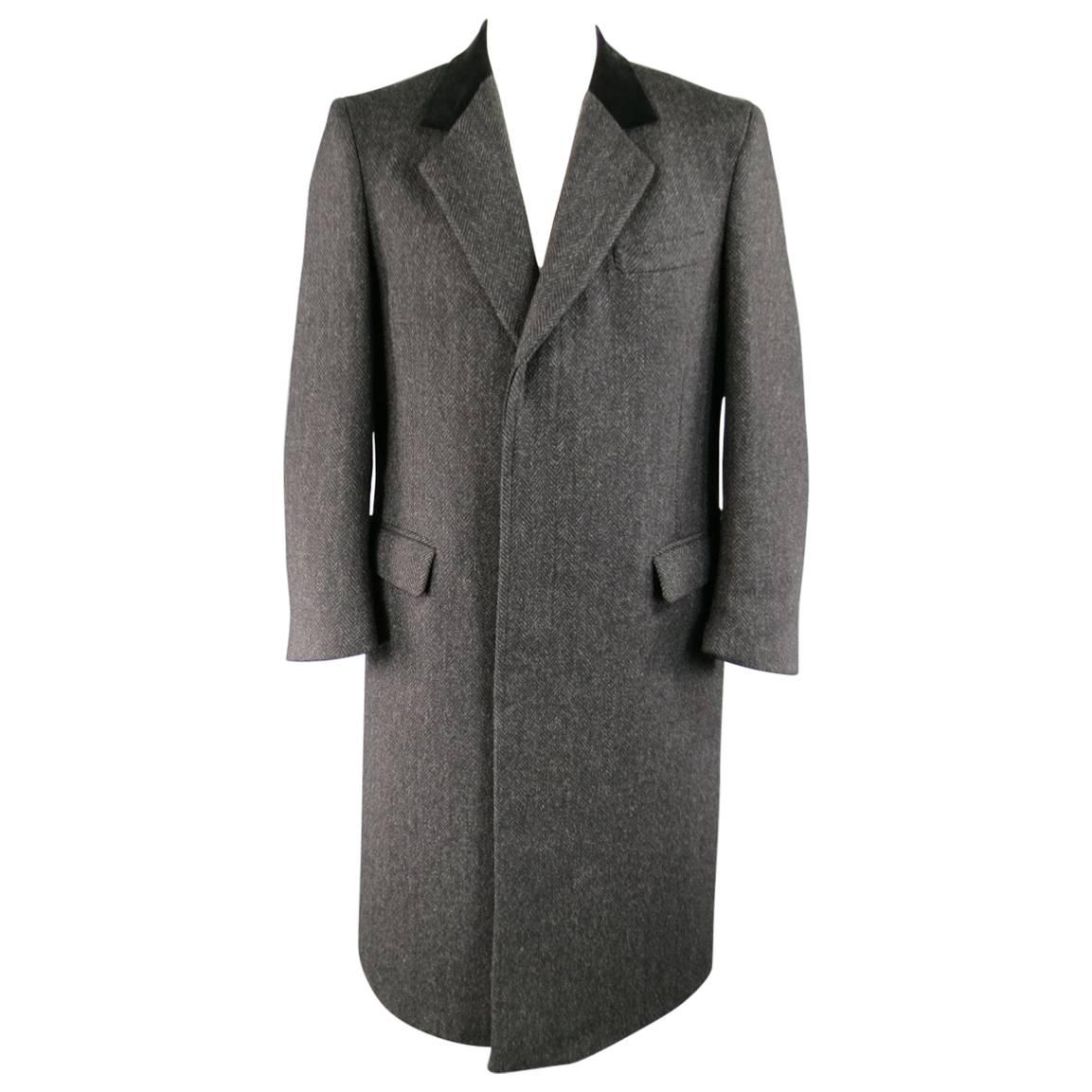 BARNEY'S NEW YORK 42 Charcoal Herringbone Wool Velvet Collar Hidden Placket Coat