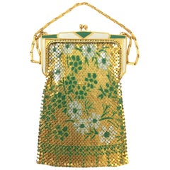 Antique 1920s Whiting and Davis Floral Enamel Gold Art Deco Mesh Purse