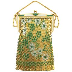1920s Whiting and Davis Floral Enamel Gold Art Deco Mesh Purse 10