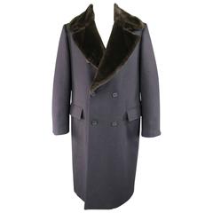 Men's DOLCE & GABBANA 40 Navy Wool Blend Brown Faux Fur Collar Coat