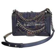 Chanel Blue Tweed  Leather Enchained Medium Boy Shouder Bag