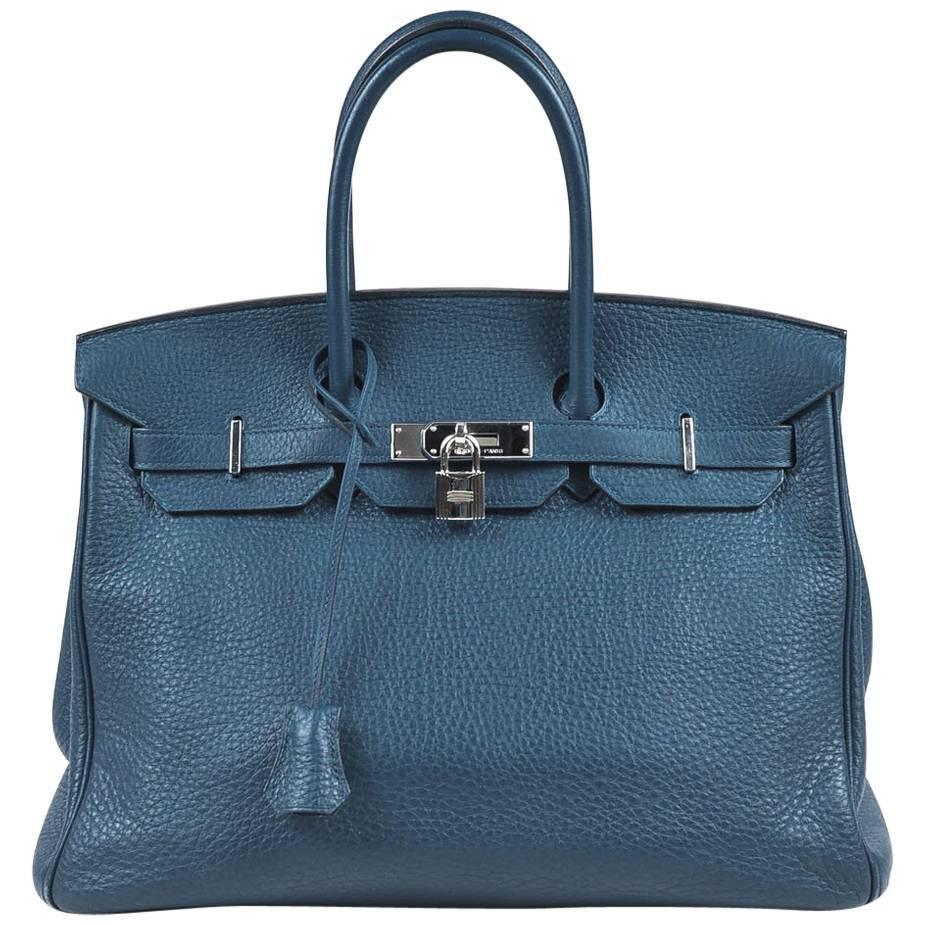 Hermes Bleu Thalassa Clemence Leather Birkin 35 cm Bag For Sale