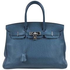 Hermes Bleu Thalassa Clemence Leather Birkin 35 cm Bag