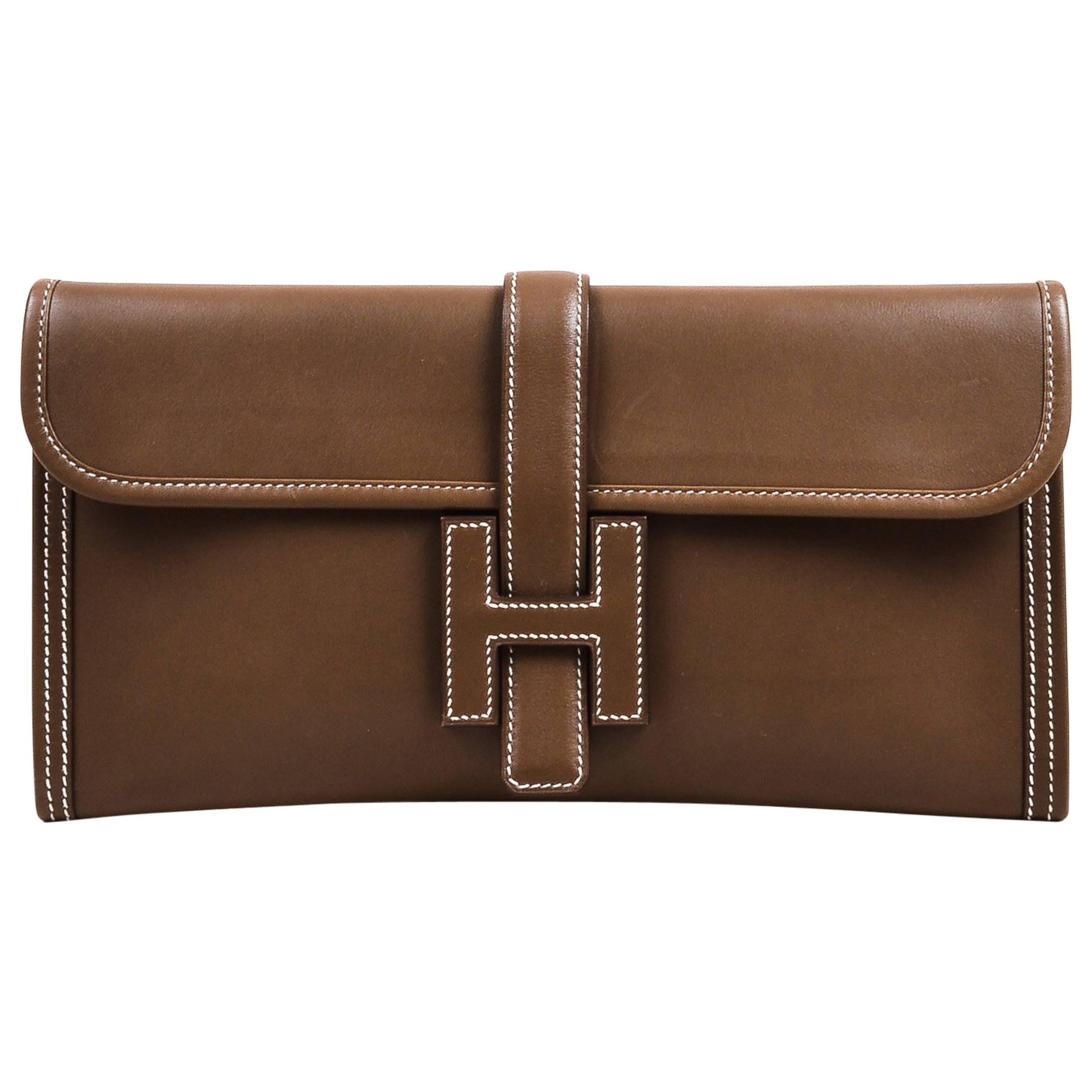 Hermes Etoupe Swift Leather Constrast Stitch "Jige Elan" Clutch Bag For Sale