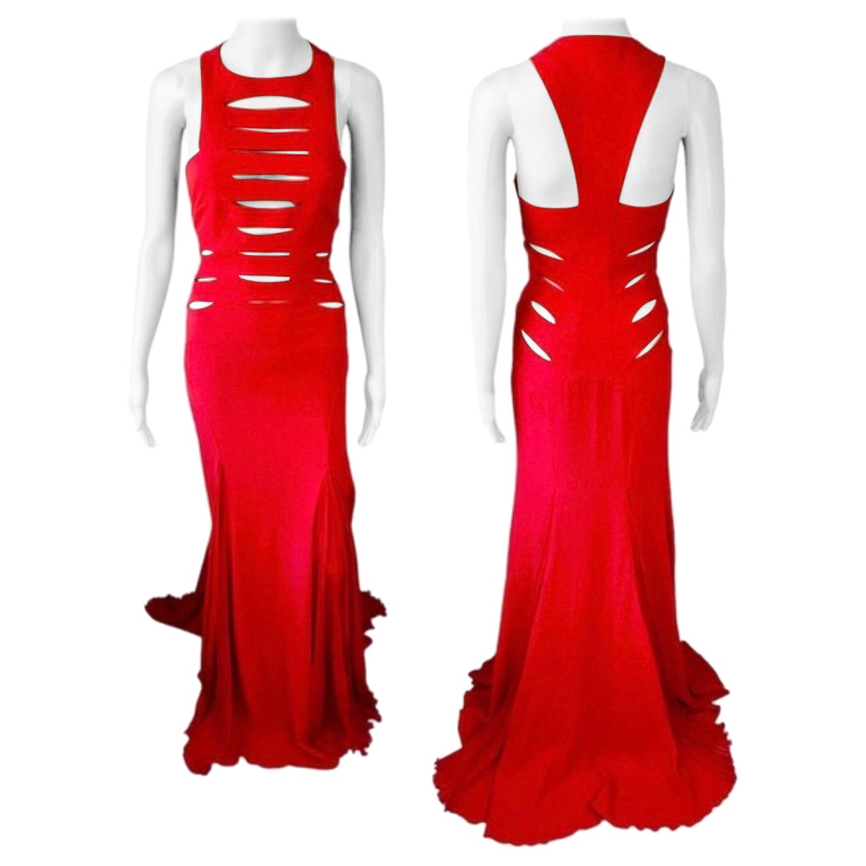 Versace F/W 2004 Runway Cutout Detail Red Evening Dress Gown For Sale
