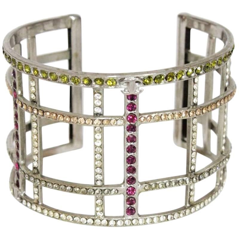 Chanel multi-colored crystal silver cuff, 1998 For Sale