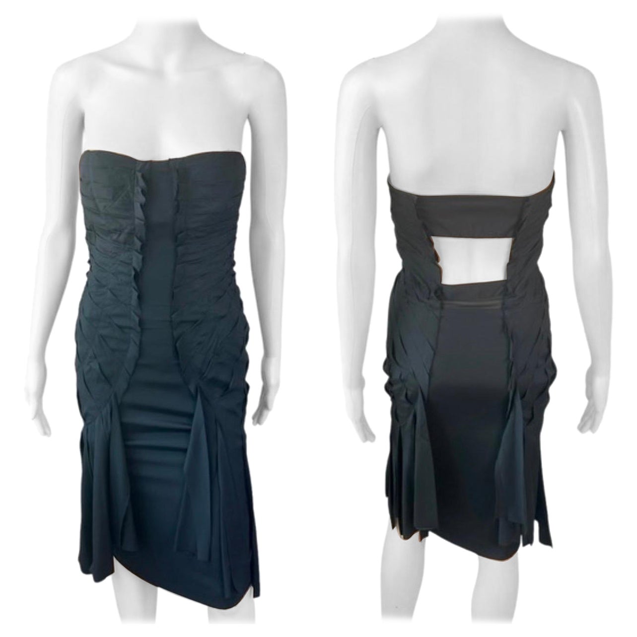 Tom Ford for Gucci S/S 2004 Runway Bustier Cutout Back Fringe Silk Black Dress For Sale