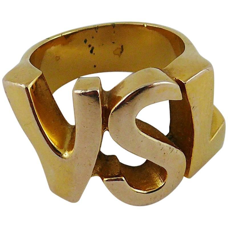 Yves Saint Laurent YSL Vintage Gold Toned Logo Signet Ring
