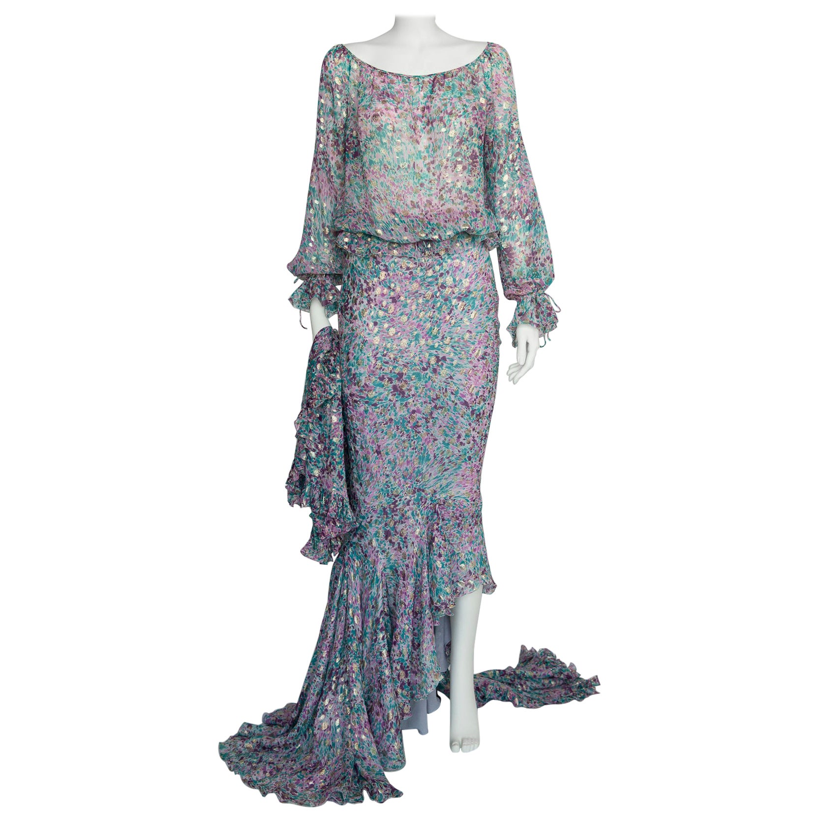 Emanuel Ungaro - Set da sera 3 pezzi in chiffon di seta e lurex oro con taglio sbieco, SS2006 in vendita