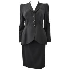 80’s Thierry Mugler Black Skirt Suit with Shoulder Pads Wasp Waist 