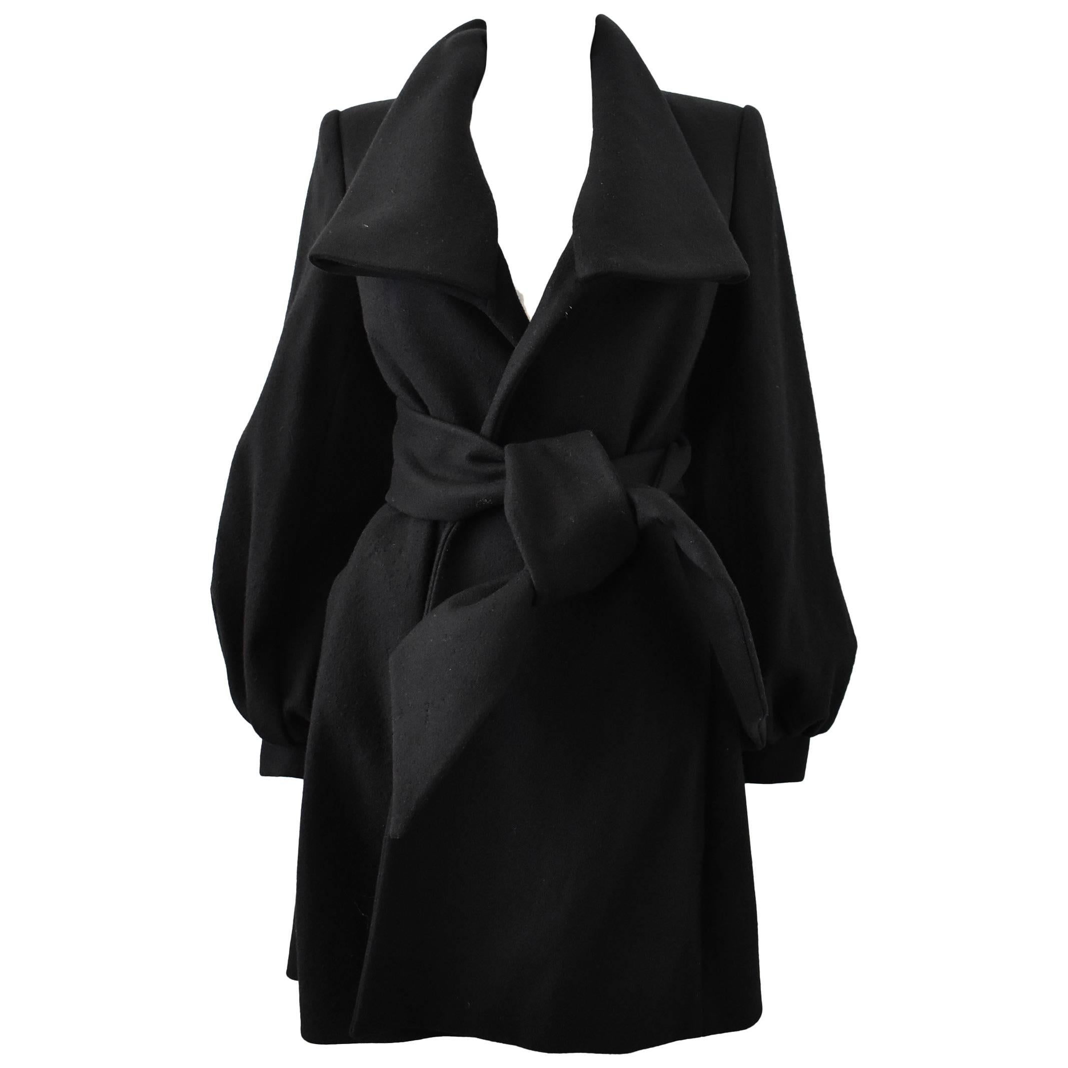 Stella McCartney Black Cashmere Coat with Bell Sleeves and Tie-Waist