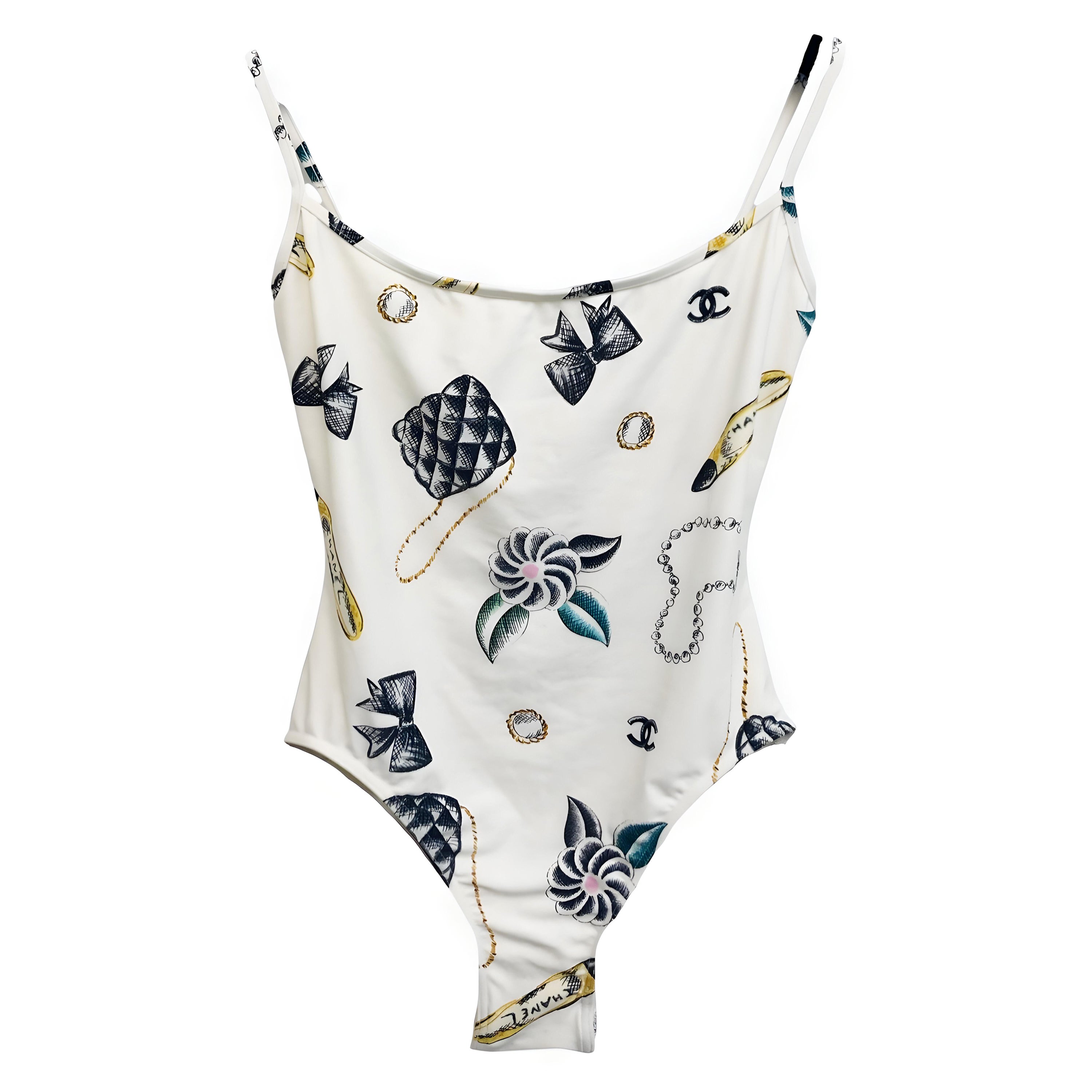 Chanel spring 1996 iconic print white swimsuit For Sale