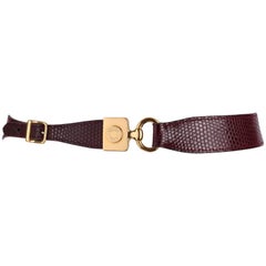 Retro HERMES c.1980's Burgundy Lizard Skin Leather Equestrian Ring Belt Gold Hardware