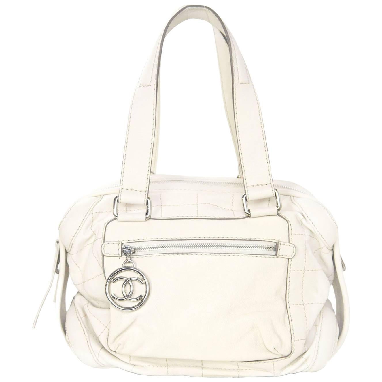 Chanel Cream Leather Bowler Bag w/ CC Zipper Pull