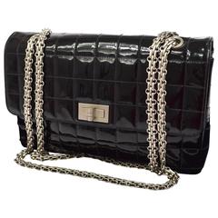 Chanel 2.55 Black Patent Leather Chocolate Bar Silver Evening Shoulder Flap Bag