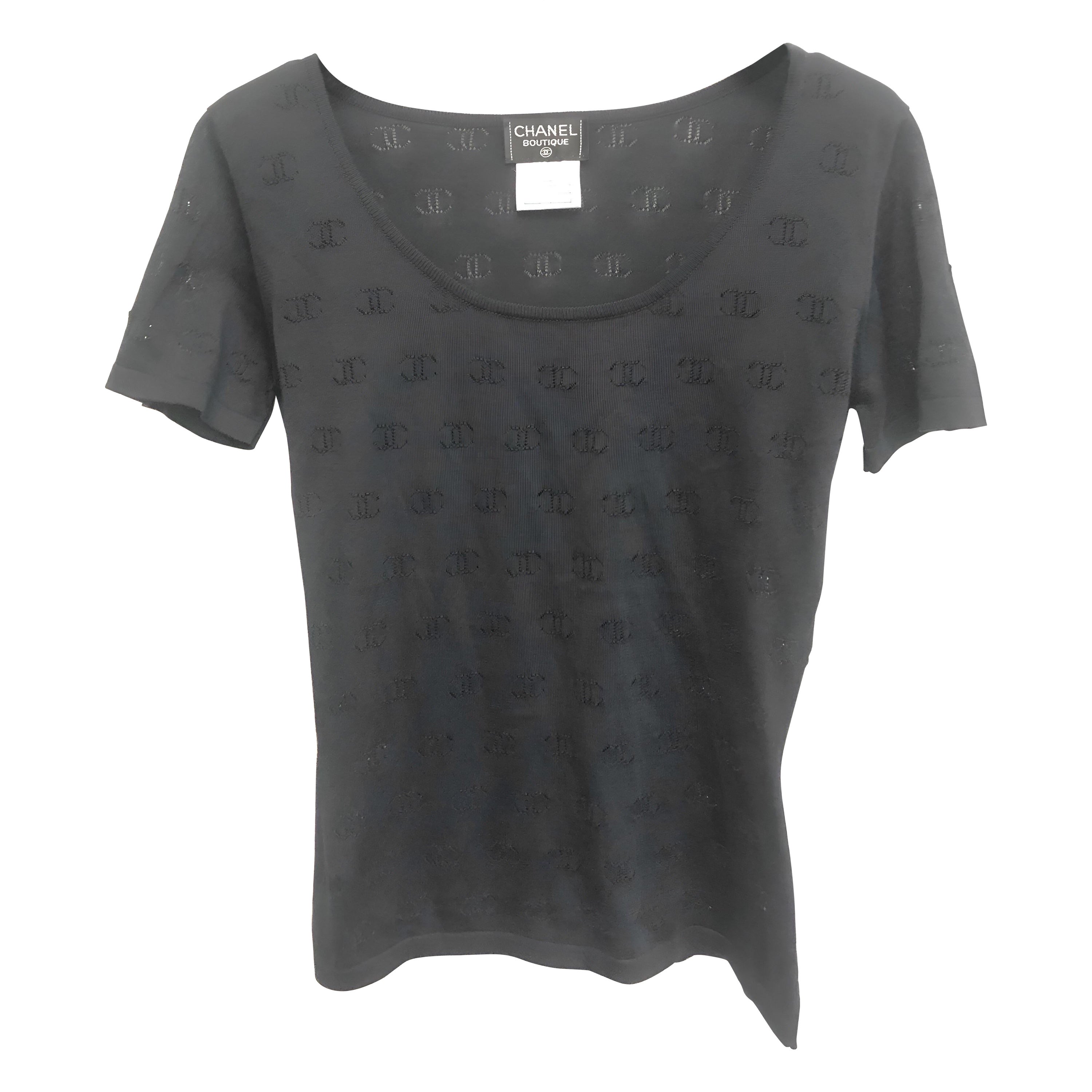 Chanel black silk cutout CC logo short sleeves top For Sale