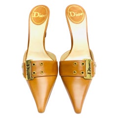 Dior brown leather slip on pointed toe sandal heels