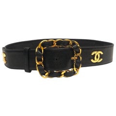 Chanel gold hardware chain buckle black caviar leather belt