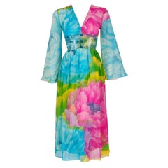 1972 Hanae Mori Couture Beaded Floral Print Silk Chiffon Angel-Sleeve Dress