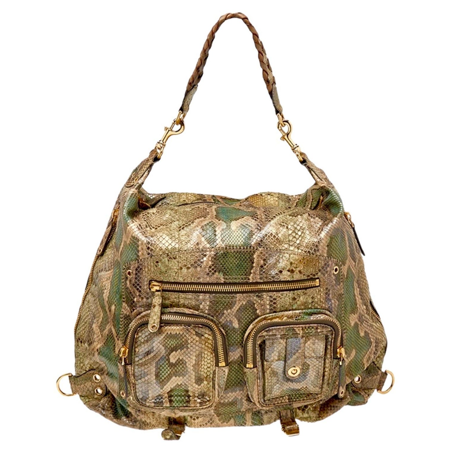 NEW Exotic XL Gucci Camouflage Green Python Skin Tote Shoulder Bag Hobo