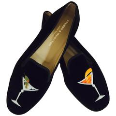 Men's Stubbs & Wooton Velvet Slipper Shoes with Martini Embroidery Sz 10