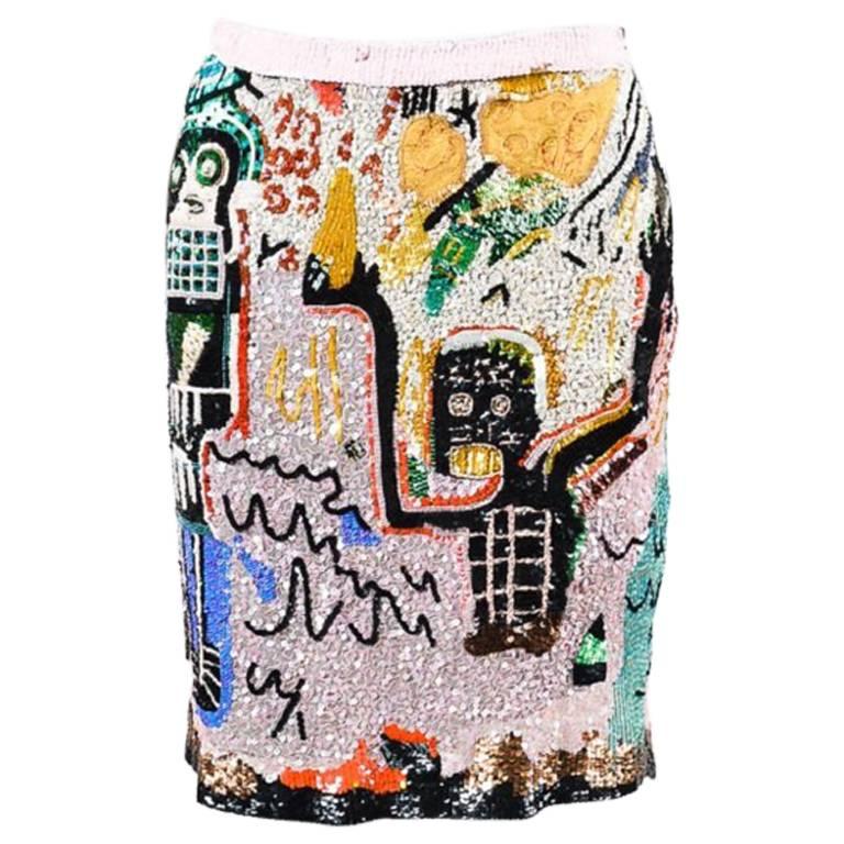 Valentino RTW F06 Black Pink Multicolor Sequined Jean Michel Basquiat Skirt