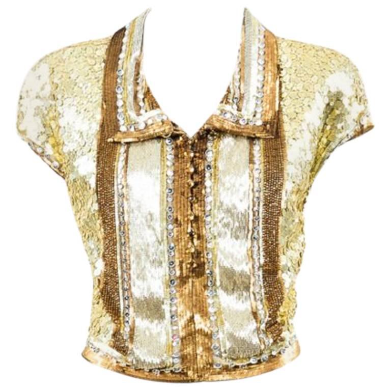 Vintage Valentino Gold Silver Sequin & Beaded Collared Cap Sleeve Top Size 8 For Sale