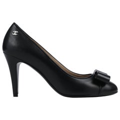 CHANEL S/S 2015 Classic Black Leather CC Logo Bow Front Pumps Shoes 36.5