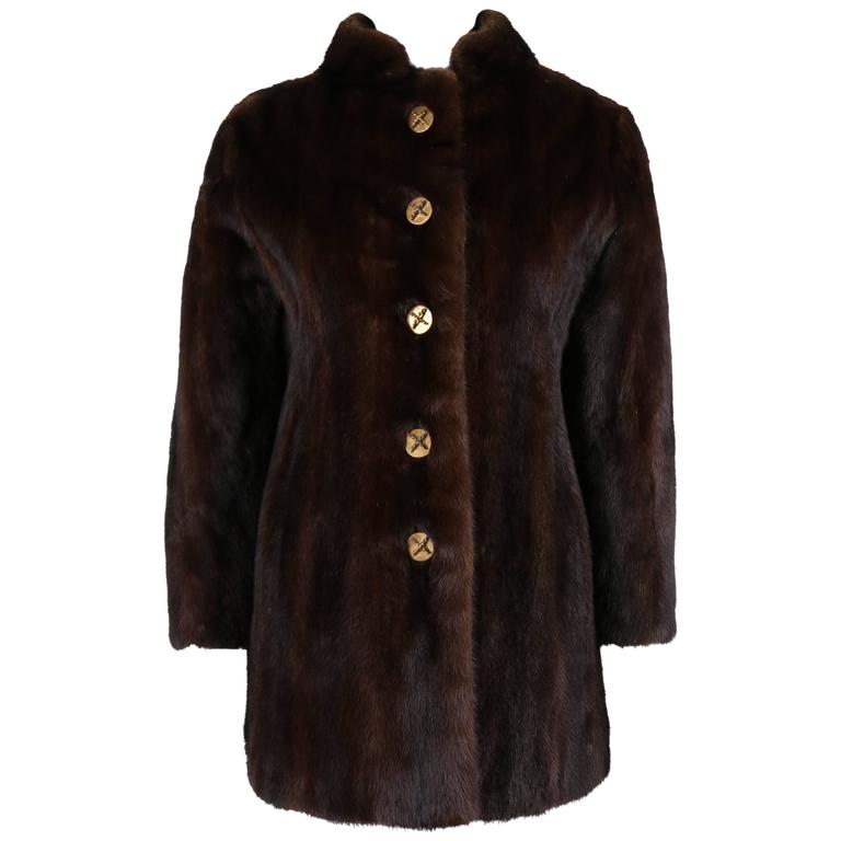 HERMES c.1960's Paris Brown Genuine Mink Fur Button Front MidLength