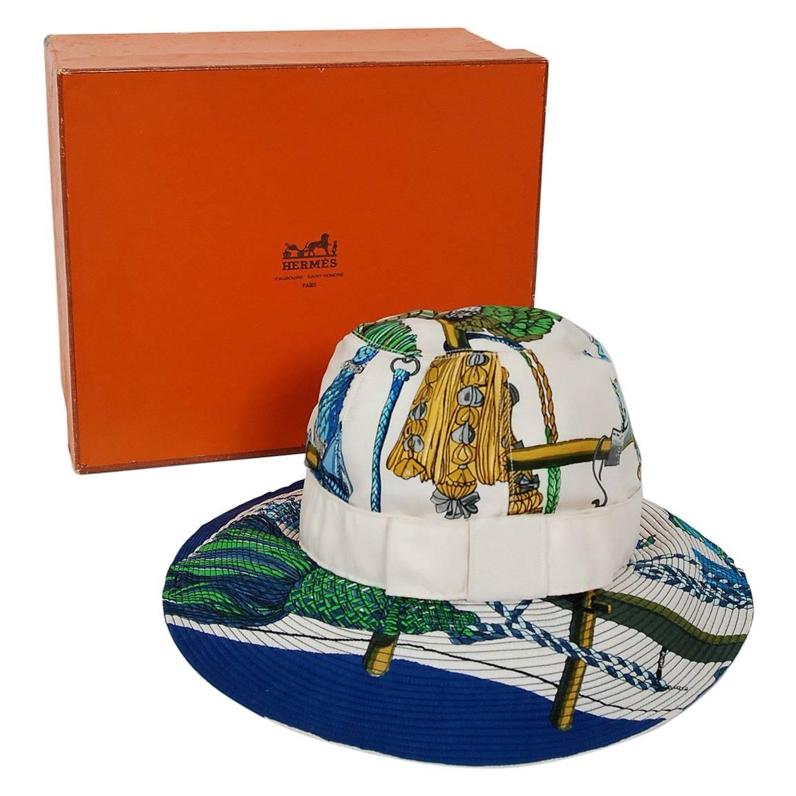 1960's Hermes Paris Colorful Nautical Novelty Silk-Twill Bucket Hat w/ Box