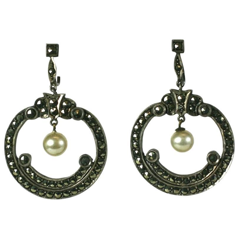 Art Deco Marcasite Hoop Earrings For Sale