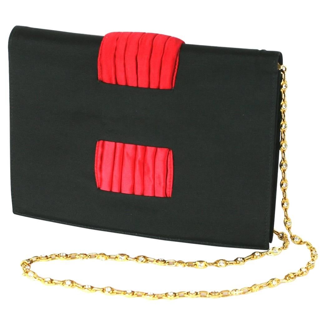 Valentino Faille and Pleated Satin Clutch with Jeweled Chain For Sale