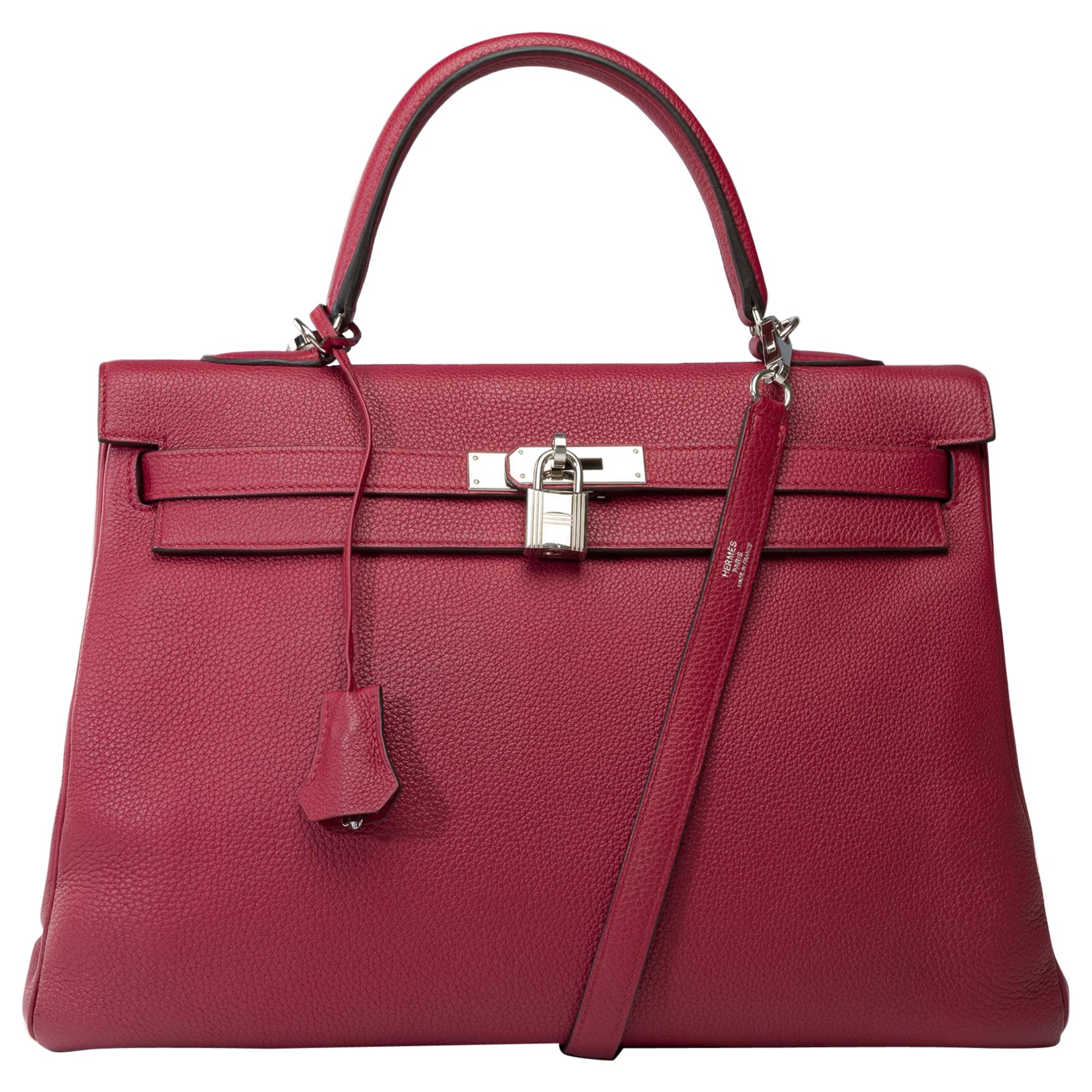 Hermès Kelly 35 retourne handbag strap in Grenat Red Togo leather , PHW For Sale