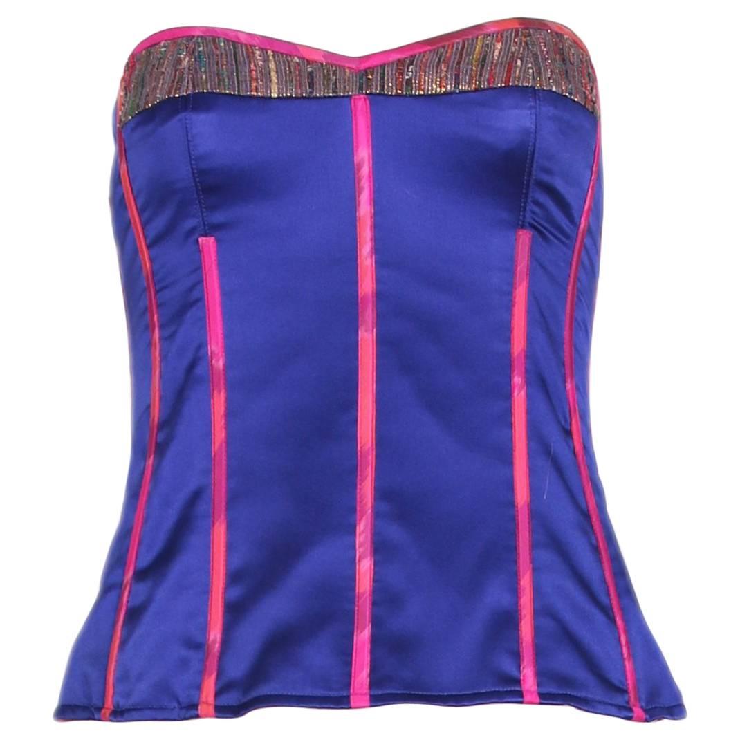 Tracy Feith Purple Silk Bustier W/Hot Pink Trim & Metallic Inset For Sale