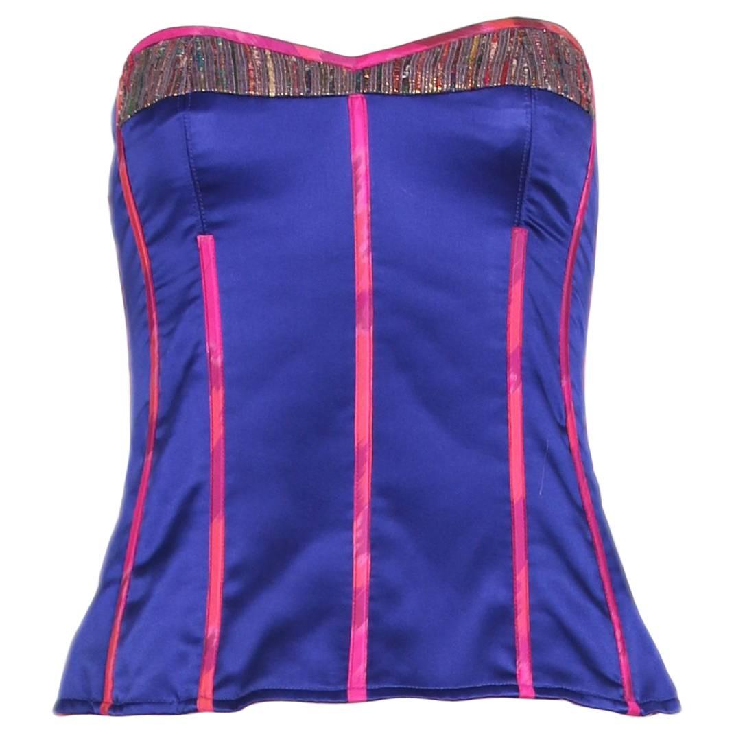 Tracy Feith Purple Silk Bustier W/Hot Pink Trim & Metallic Inset